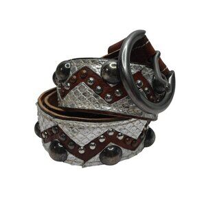Aquara 3899 Brown Silver‎ Snakeskin Embossed Leather Metal Studded Western Belt